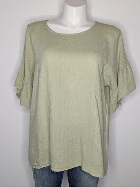 Elena Baldi Green Short Ruffle Sleeve Linen Blouse 1X